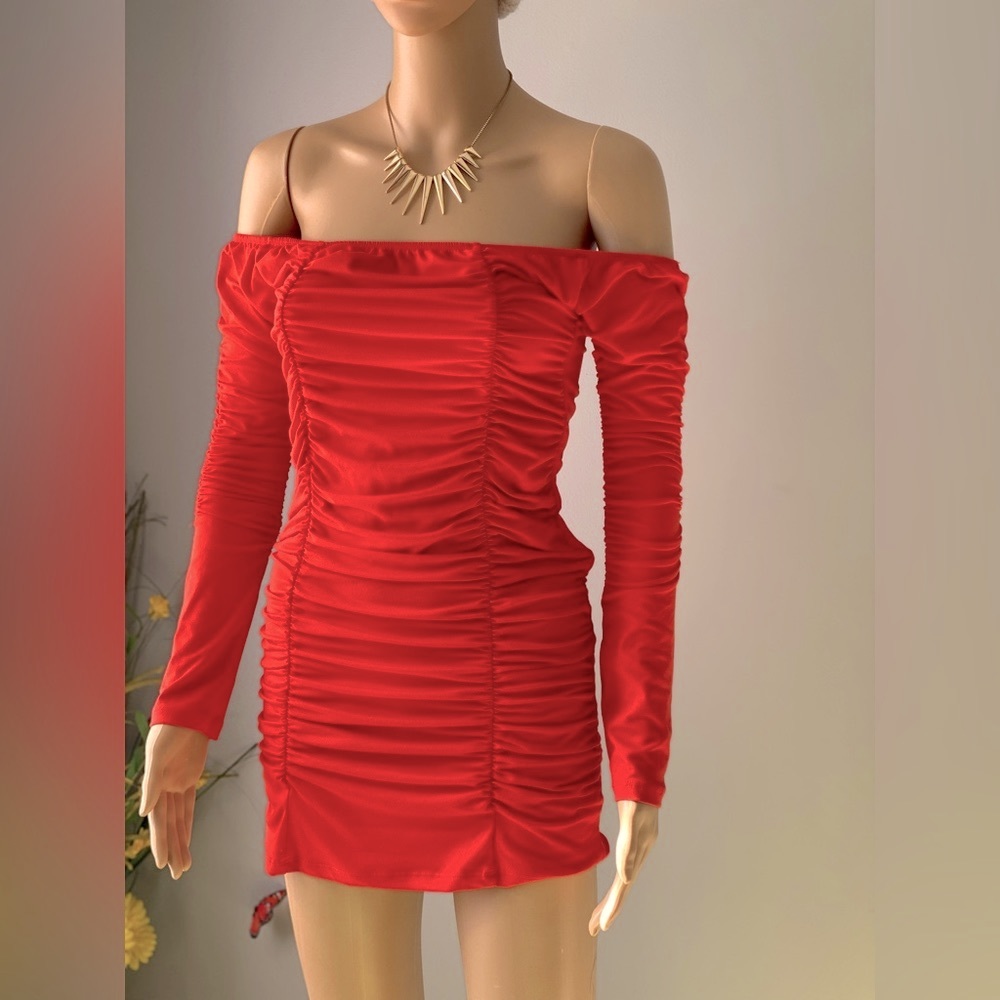 Capella ruched of shoulder mini dress-orange